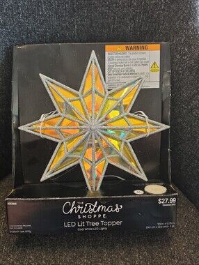 NWT The Christmas Shoppe LED Prism Star Tree Topper Glitter Silver Trim 9.5"